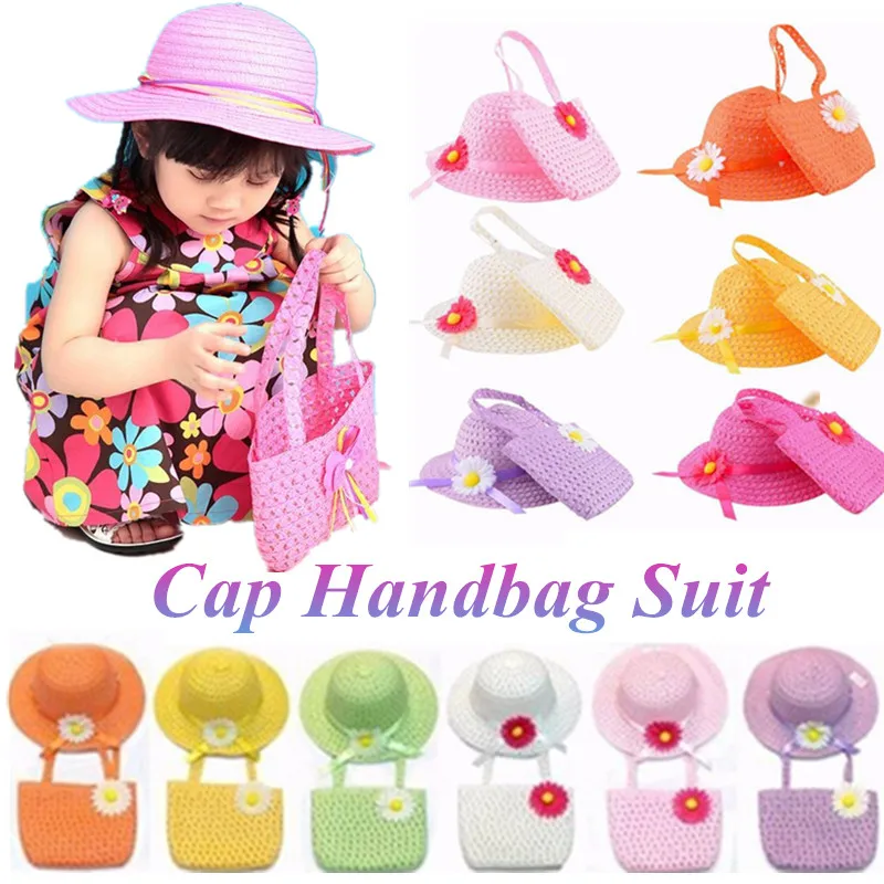 

1 Set 9 Colors Summer Cap Lovely Children Kids Outdoor Beach Breathable Wide Brim Flower Straw Hats Handbag Suit