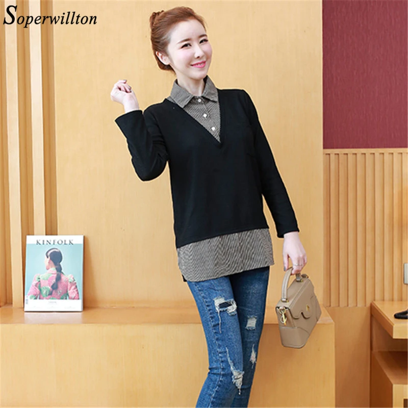 Весна Осень Большой размер трикотажные поддельные две части женская блузка с