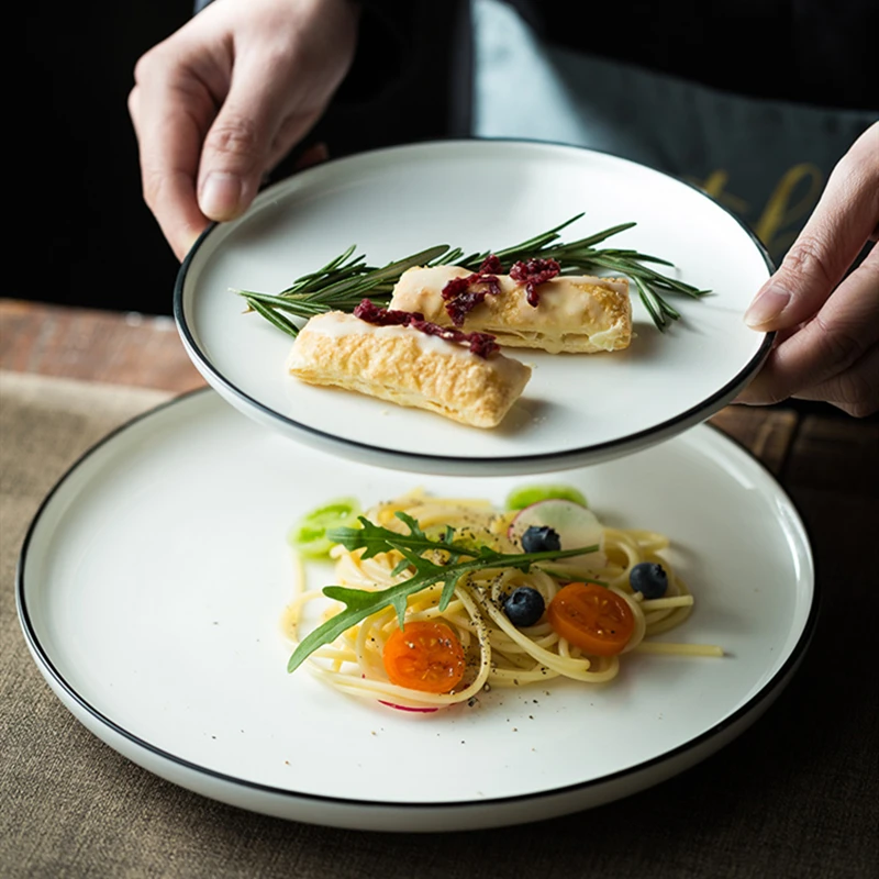 Керамическая тарелка белая черная рамка для западного стейка нордическая