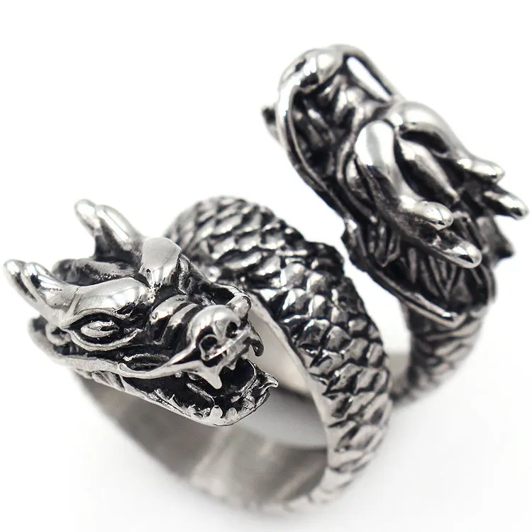 

AsJerlya Dragon Ring Opening Personality Trendy Male Index Finger Ring Retro Style Domineering Double Dragon Punk Ring