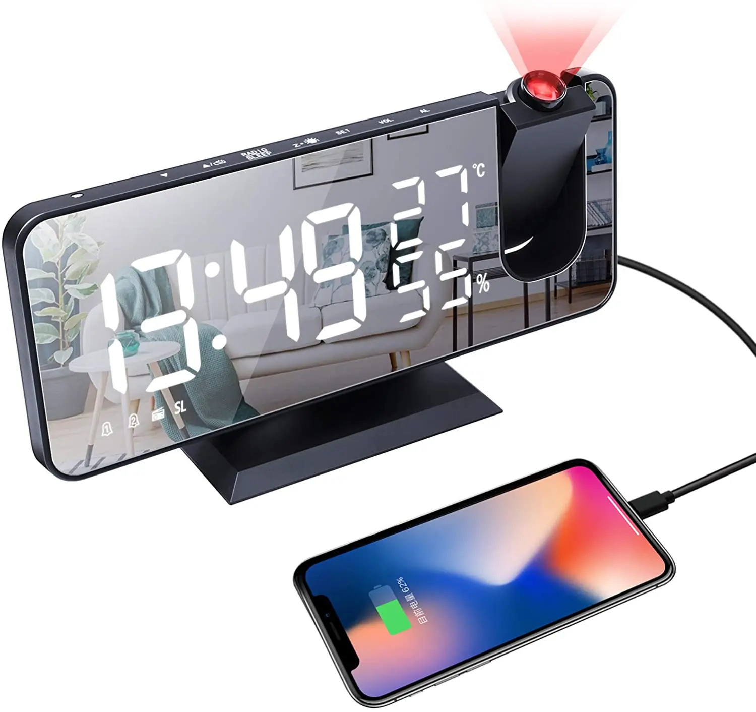 

LED Digital Alarm Clock Watch Table Electronic Desktop Clocks USB Wake Up FM Radio Time Projector Snooze Function 2 Alarm