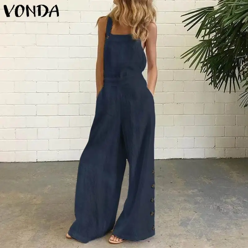 Women Summer Sexy Sleeveless Rompers 2021 VONDA Casual Loose Solid Party Playsuits Femme Backless Office Overalls 5XL Jumpsuits