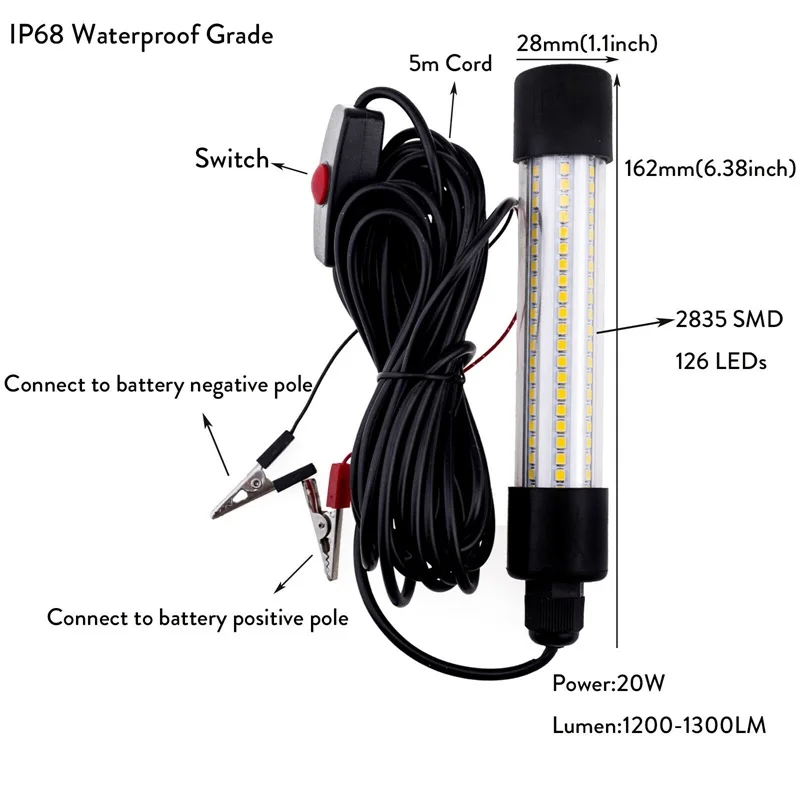 1200LM 12V светодиодный погружной свет для рыбалки подводный водонепроницаемый приманка для рыбы наживка Finder лампа белый теплый зеленый синий свет