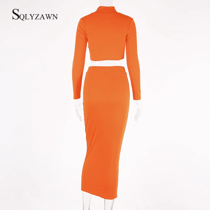 

Women Ribbed Knit Two Piece Set Long Pencil Skirt Crop Top Sexy Street Matching Set Clothes Party 2020 Autumn Casual Outfits