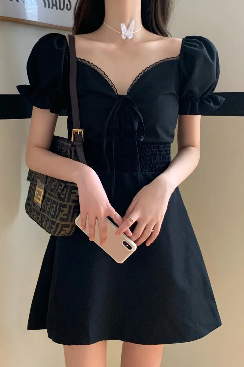 

Summer 2021 new style V-neck design skirt French waist puff sleeve retro dress women's clothing