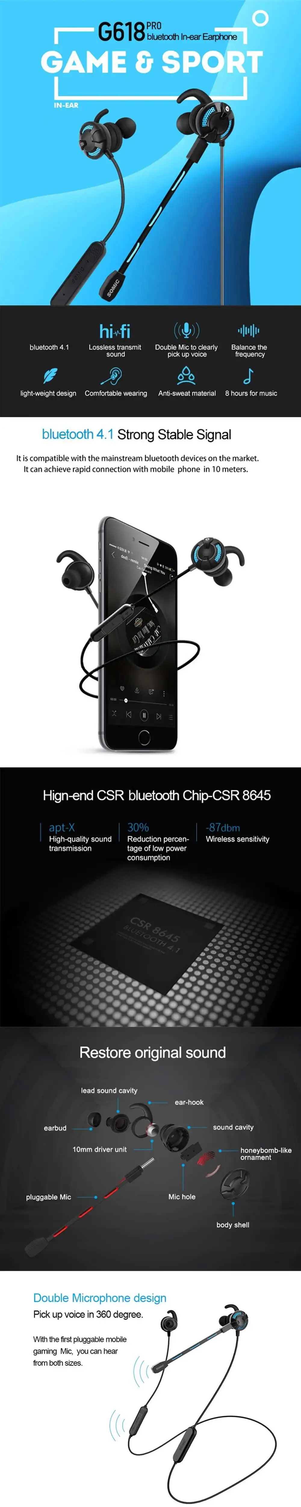SOMiC G618pro bluetooth 4,1 беспроводные+ USB проводные наушники-вкладыши TWS наушники Игровые наушники с микрофоном