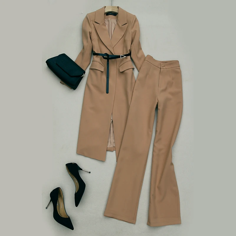 

Elegant British Style Belted Waist Long Trench Coat + High Waist Suit Pants Office Lady Business Casual Sets