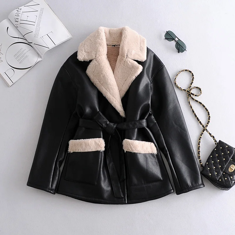

Winter Brand Coats Women Thicken Faux Leather Fur Coat Female Fur Lining Leather Jacket Aviator Jacket Faux Leather Thick Warm