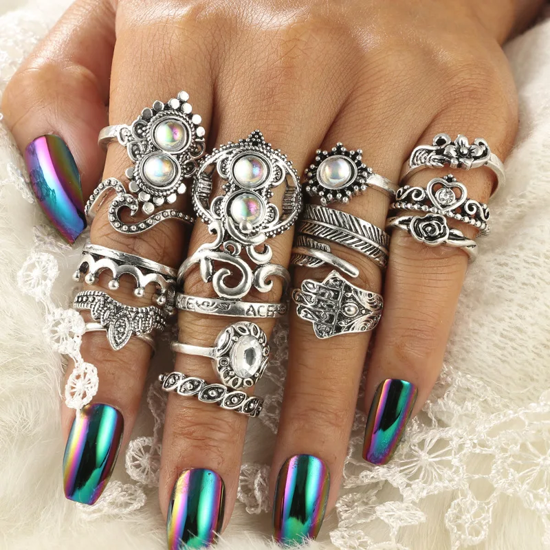 16pcs/Set Bohemia Vintage hand Heart shaped crown Leaf Carved Rings Sets Knuckle for Women Jewelry | Украшения и аксессуары
