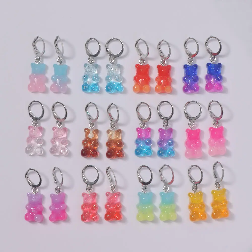 Y2K Lovely Gradient Resin Gummy Bear Pendant Earrings for Women Girls Cartoon Mini Bears Silver Color Hoop Earring Party Jewelry