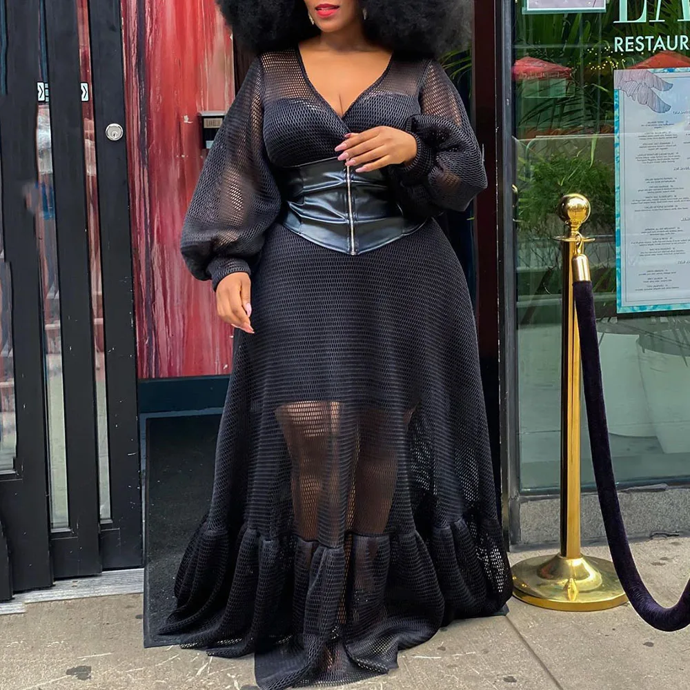

4XL 5XL Plus Size Women Sexy Party Dress Black Mesh V Neck See Through Long Sleeve African Two Piece Big Siwng Maxi Dresses 2021