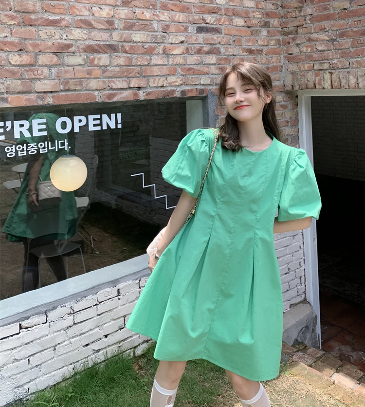 

Women Loose Lantern Sleeve Mini Dress Fashion Summer A-line 2021 Solid Retro Clothes Vestido