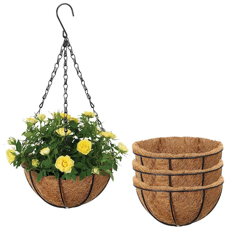 

AFBC Hanging Wrought Iron Flower Basket, 4 Packs of 12-Inch Round Metal Hanging Basket, with Coconut Palm Shell Lining
