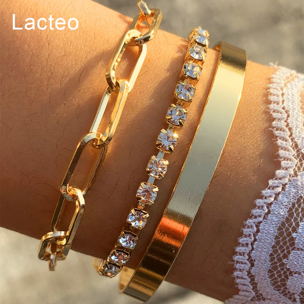 

Lacteo 3Pcs/Set Steampunk Shiny Rhinestone Bangle Bracelet For Women Hip Hop Gold Color Cross Chain Charm Bracelet Jewelry