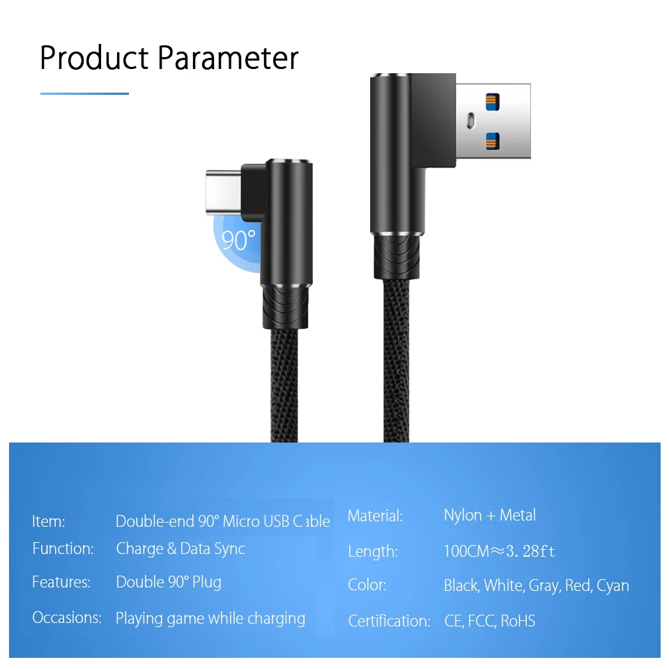 90 градусов USB Type C зарядный кабель 3 м 2 1 Быстрая зарядка QC 0 USB-C быстрая линия
