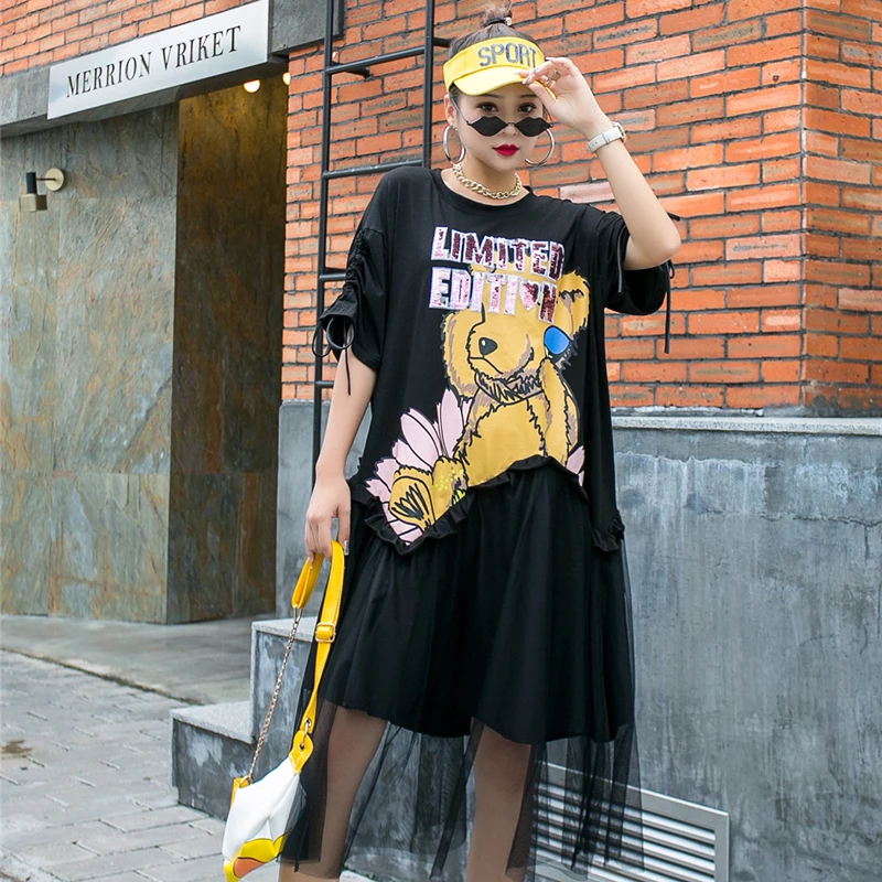 Женское платье брендовая футболка с мультяшным принтом и блестками свободное