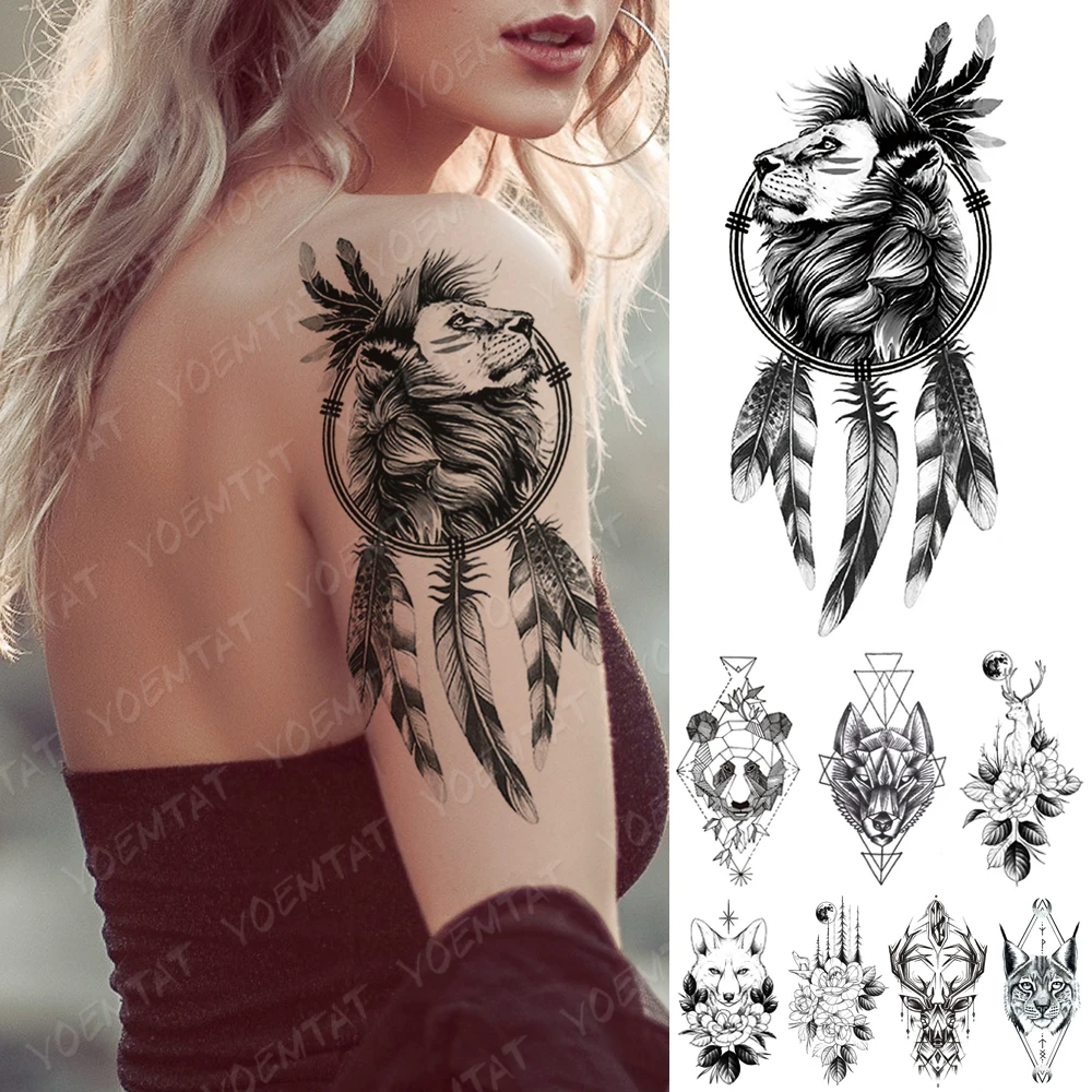 

Waterproof Temporary Tattoo Sticker Geometric Line Wolf Panda Lion Flash Tattoos Deer Body Art Arm Fake Sleeve Tatoo Women Men