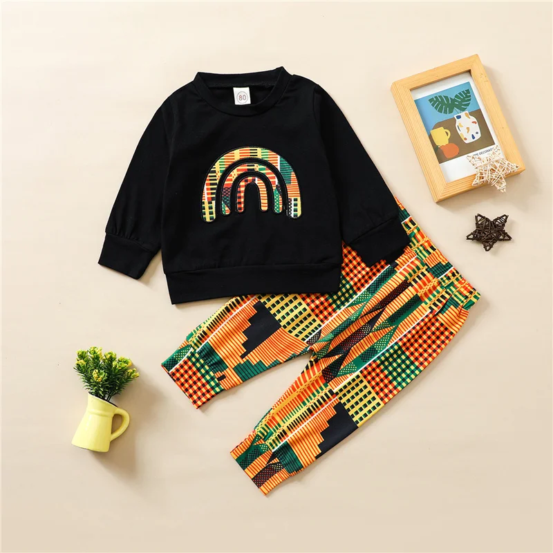 

Комплект одежды с принтом для маленьких девочек 2 шт., модная футболка с длинным рукавом и круглым вырезом + брюки с эластичным поясом для мал...