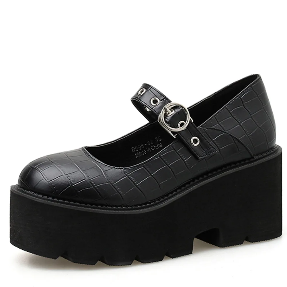 

BONJOMARISA Hot Sale Ladies Pumps Balck Buckle Platform Round Toe Pumps Women Casual Sweet Luxucy High Quality Shoes Woman