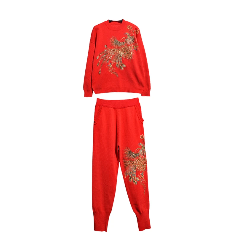 

Autumn Winter Women Red Knitting Suit Embroidery Peacock Beaded Loose Drop-Shoulder Casual Elegant Two-Piece Sets Streetwear