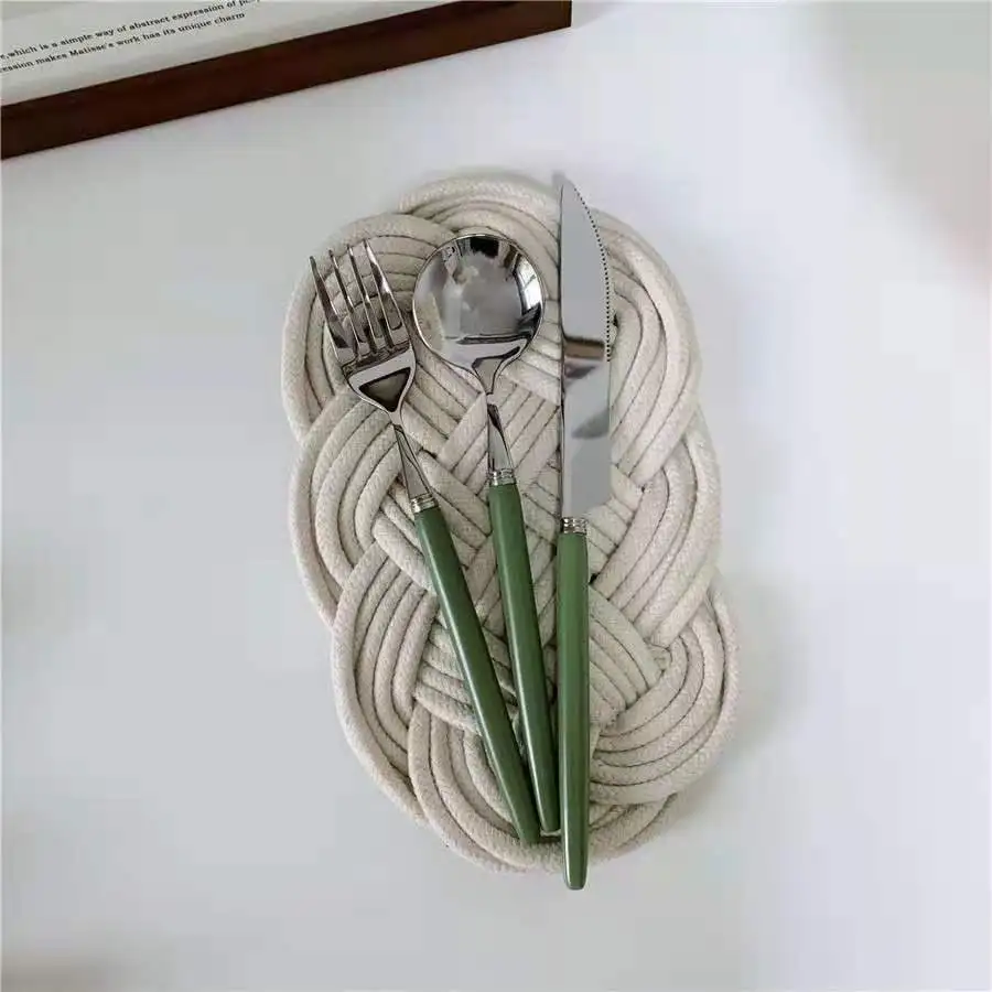 

Fashion Spoon Stainless Steel Western Tableware Set Steak Fork Plate Household Long Ceramics Handle Kitchen Dinnerware Green