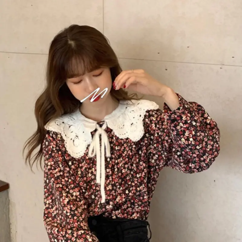 

Autumn New Korean Vintage Loose Print Women Shirts Long Sleeve Large Size Fashion Tops Peter Pan Collar Button Elegant Blouses