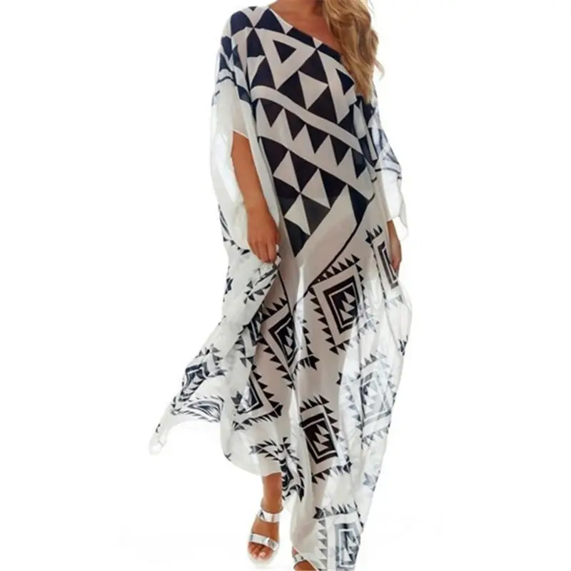 Шифоновая накидка на бикини с принтом женская пляжная туника длинное платье