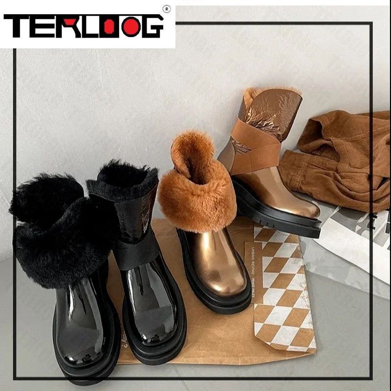 

Thick-soled Fur Flat Wedges Boots 2022 Winter Chelsea New Lace-up Ankle Platform Goth Women Shoes Snow Fashion Designer Ladies
