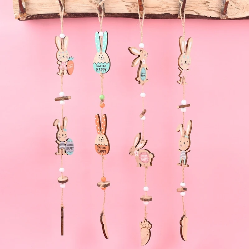 

4 Pcs DIY Eggs Bunny Pendant Hanging Ornament Wooden Crafts Easter Decoration