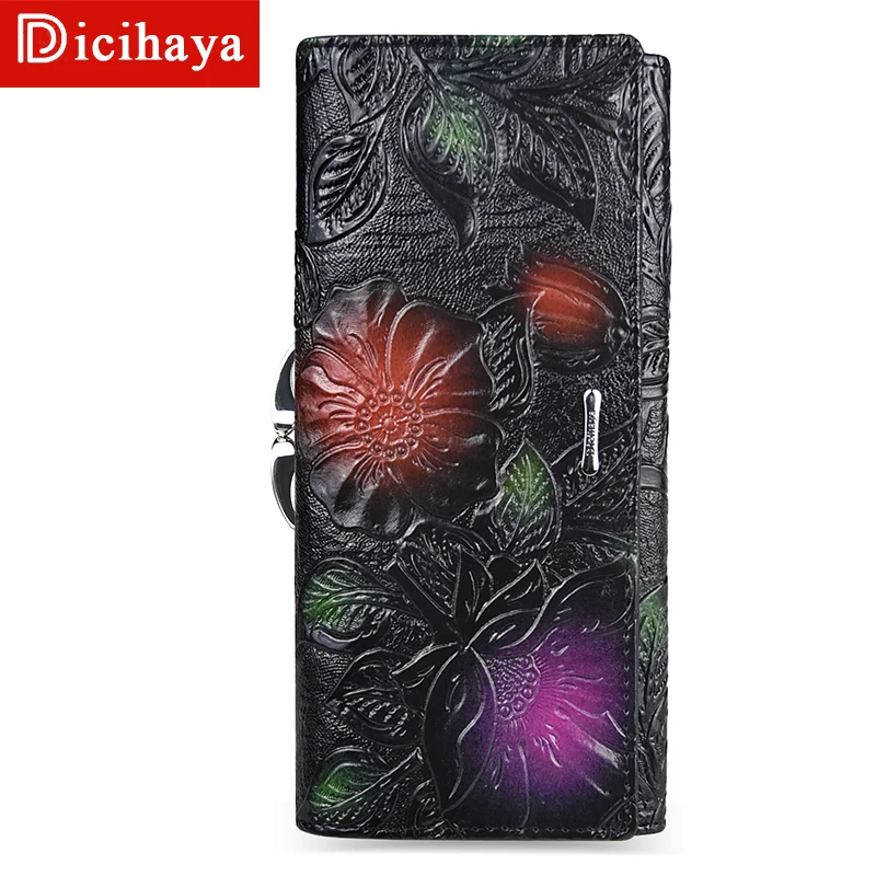 dicihaya new arrive ladies wallets leather women long purse flower embossing female hasp wallet money cards purse phone bag free global shipping