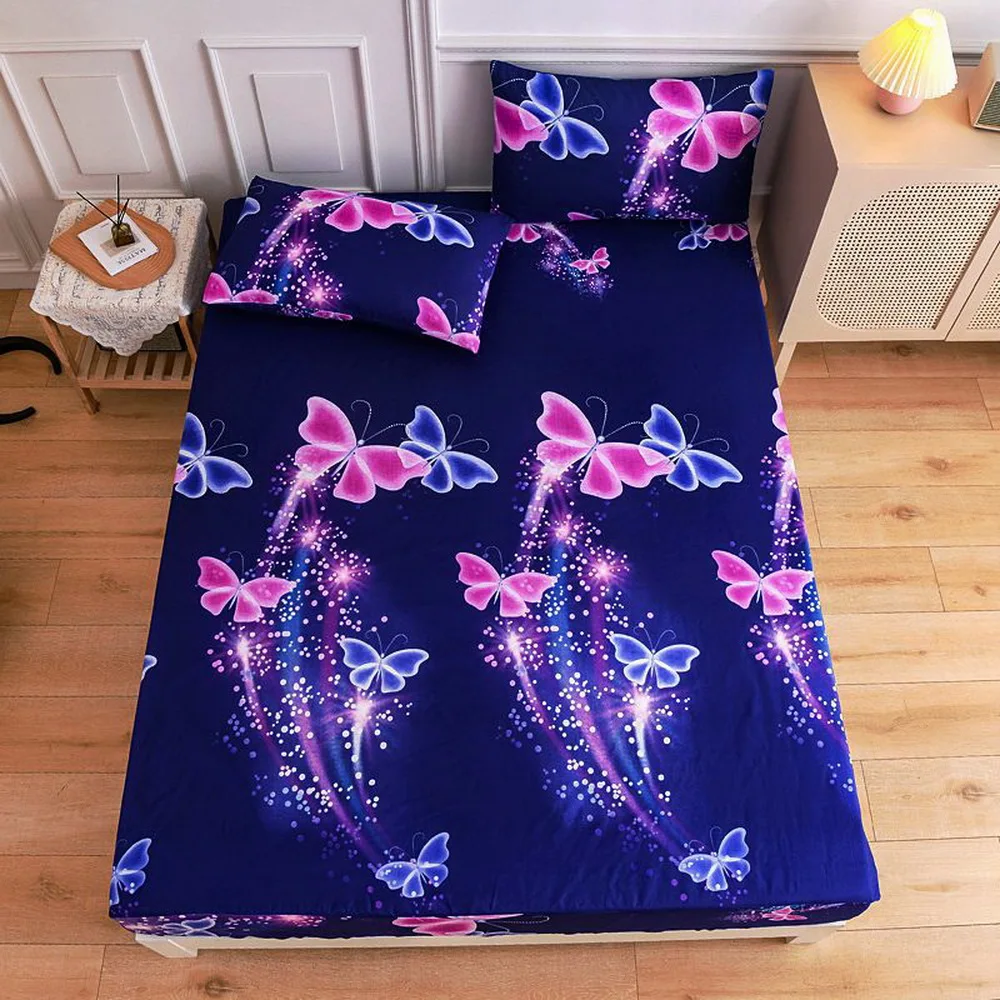 

Fashion Space butterfly Blue purpel Bed Fitted Sheets Sábanas Mattress Cover with Elastic Microfiber 120*200*30 90*200*30cm
