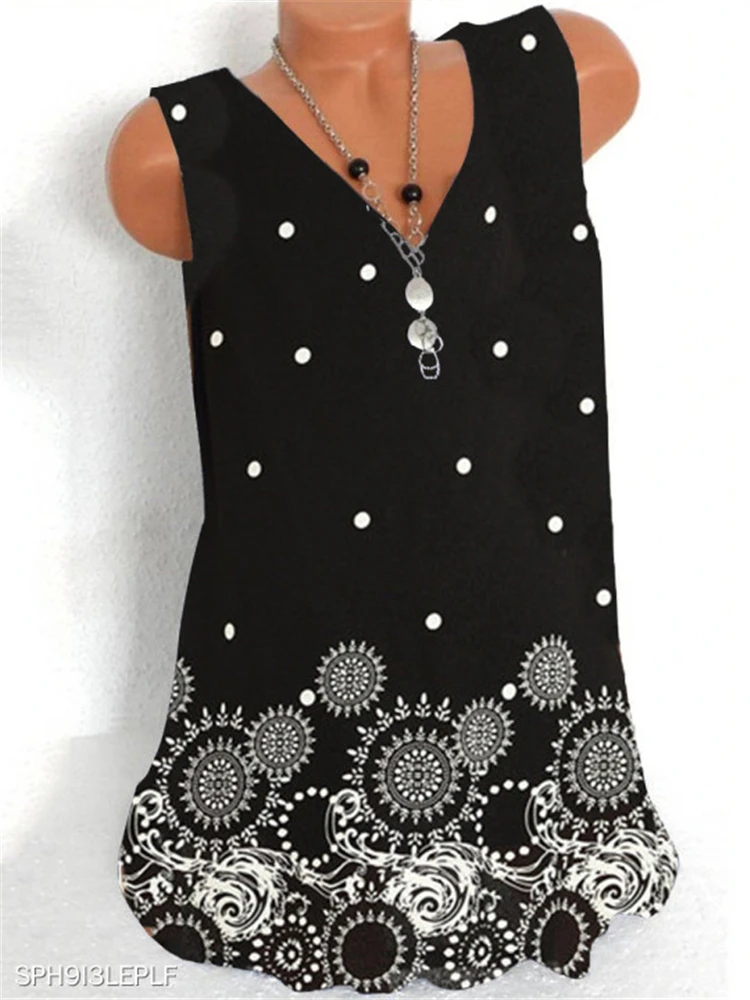 

Fashion printing large size women T-shirt V-neck sleeveless vest casual ladies T-shirt women tops