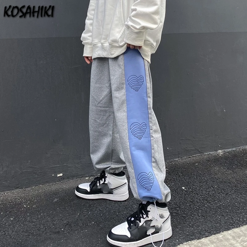 

KOSAHIKI Harajuku Heart Print Pants Women Vintage Casual Loose Wide Leg Streetwear High Waist Female Korean Trousers Femme 2021