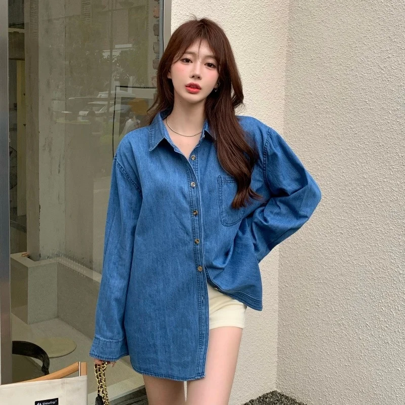 Blue Denim Shirt Women's Polo Collar Mid-length Long Sleeve Coat Autumn Winter Loose Lazy Style Casual Top Rac | Женская одежда