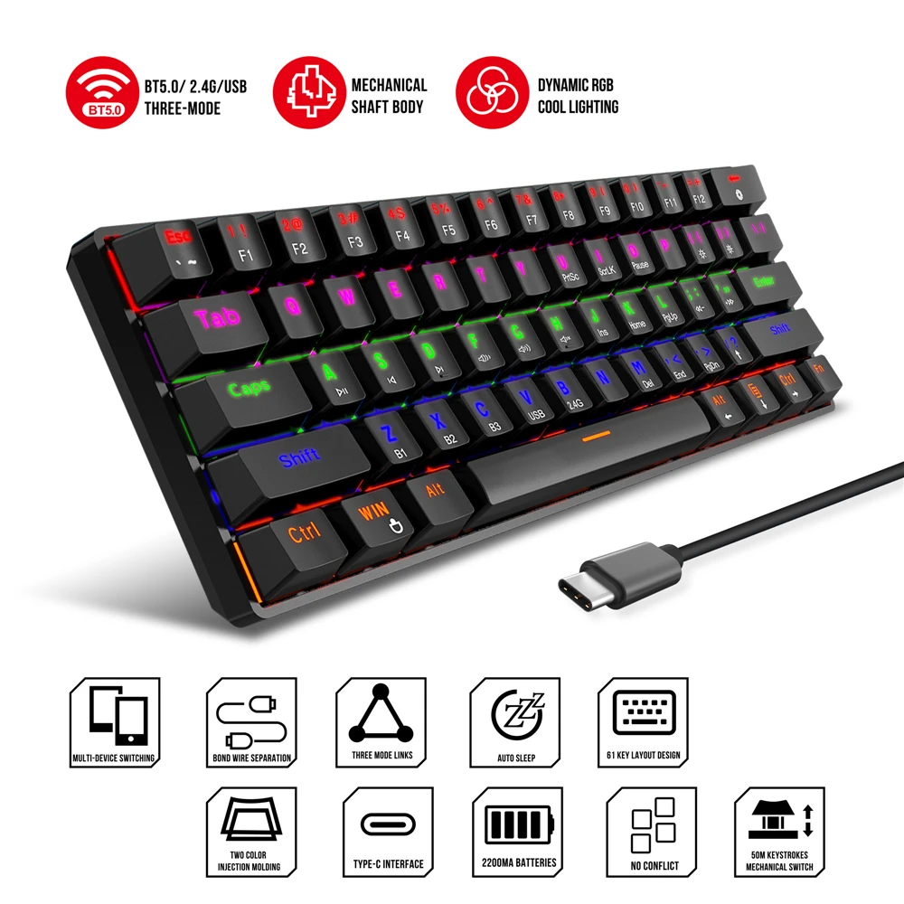 

Gaming Mechanical Keyboard 61-key Three-mode RGB 2.4G Wireless BT Wired Mechanical Keyboard Green Axis For Gamer PC Laptop