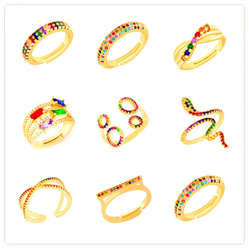 Женские волнистые кольца Rainbow CZ открытые с разноцветным кубическим цирконием