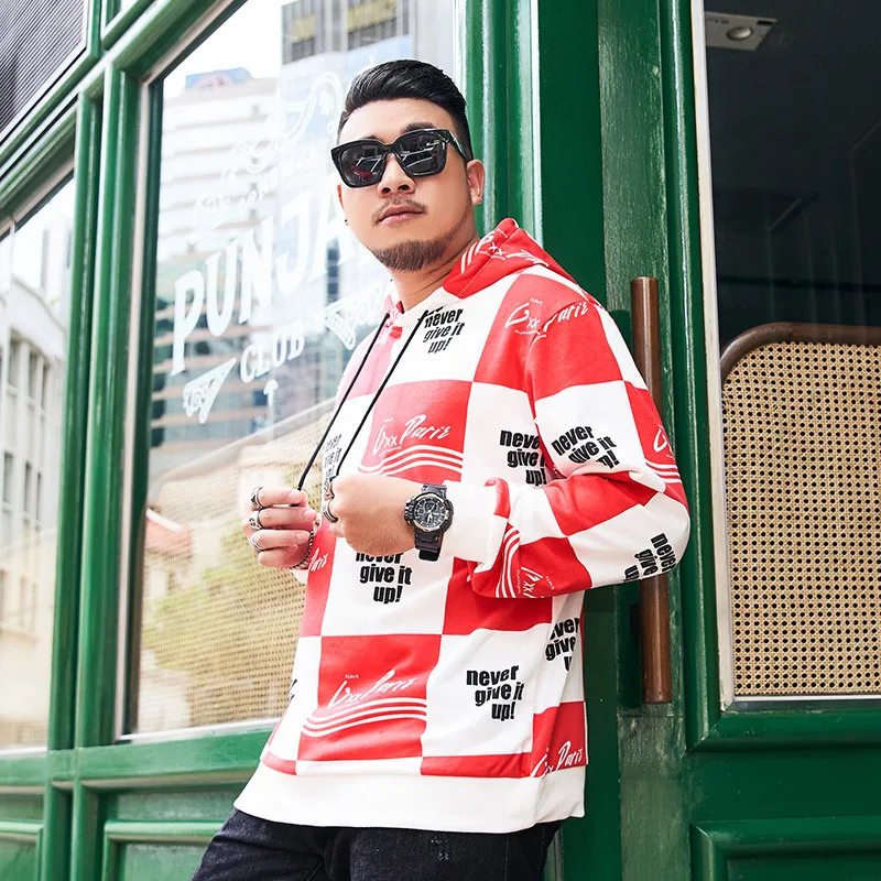 GXXH Beige Red Plaid Printed Hoodies Oversize Hip-hop Style Streetwear Hooded Sweatshirt Autumn Plus Big Size Asian XXL-7XL | Мужская