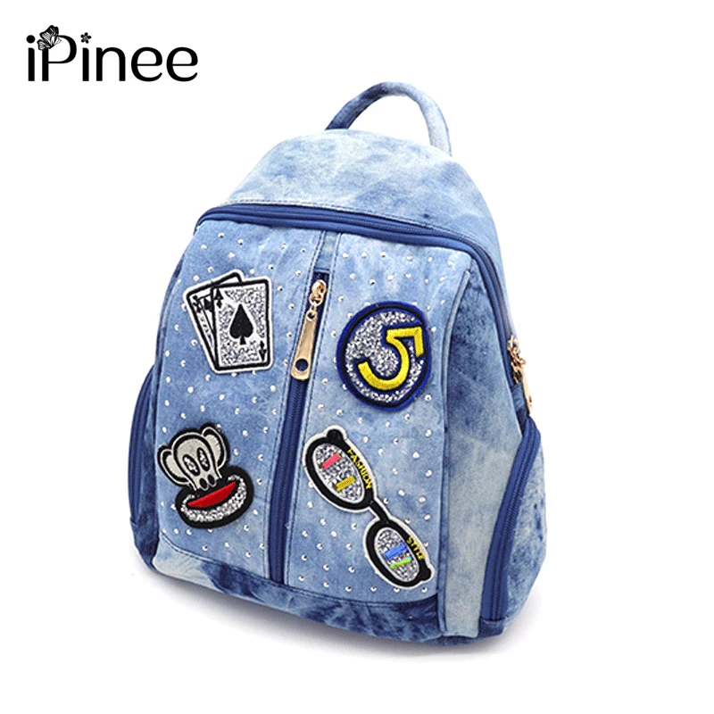 Женский джинсовый рюкзак iPinee школьный с рисунком из мультфильма для подростков