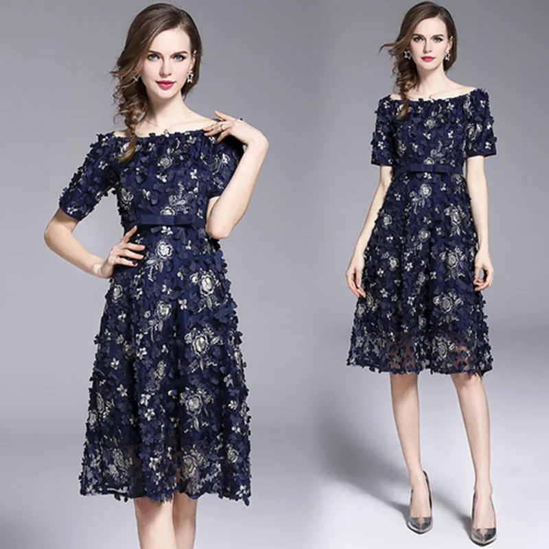 

Summer New Mesh Embroidery Dress Women Slash Neck Short Sleeve Slim Knee-length Dress Sexy Club Evening Party Dresses