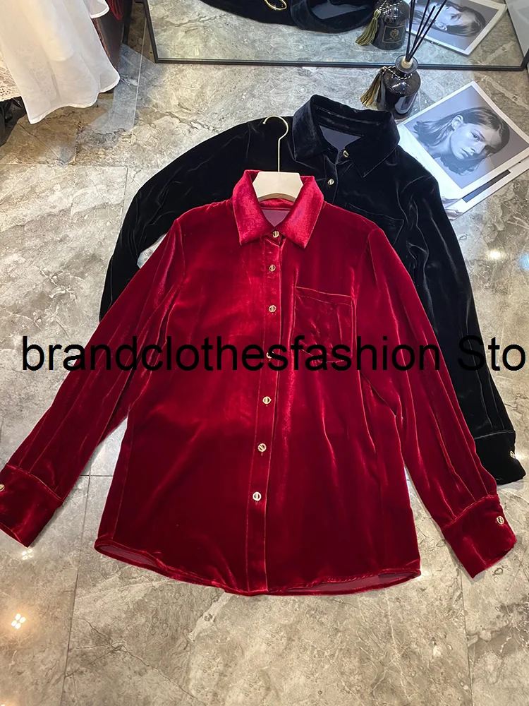 

Женская бархатная блузка, однобортная блузка из мягкого шелка с длинным рукавом, винно-черного цвета, 2021