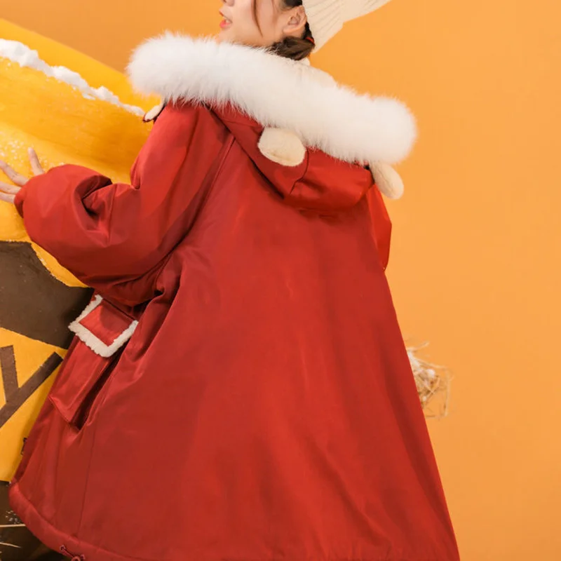 Красные куртки с капюшоном и меховым воротником Женская Повседневная куртка