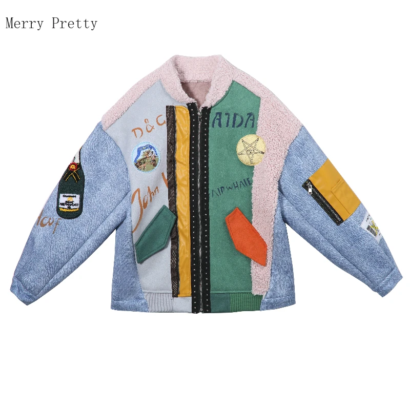 

Letter Print Patchwork Fleece Warmness Jackets Coats Women 2021 Summer Long Sleeve Stand Collar Casual Female Parka Outwear