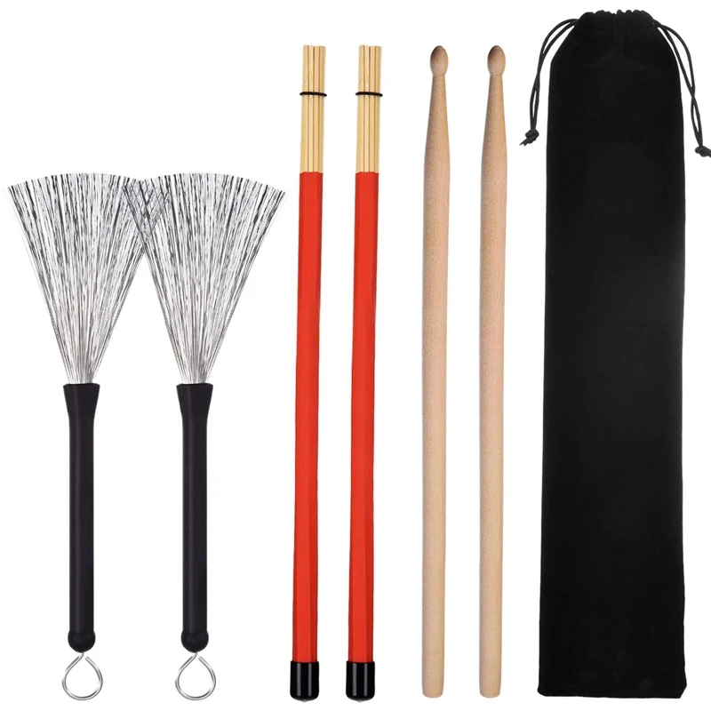 

1 Pair 5A Drum Sticks Classic Maple Wood Drumsticks Set 1 Pair Drum Wire Brushes Retractable Drum Stick Brush and 1 Pair Rods Dr