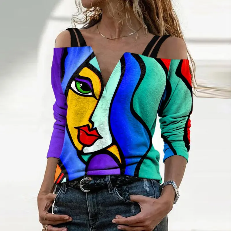 

Women New Fashion Long Sleeved Off Shoulder V Neck Sexy Shirt Women Tshirt