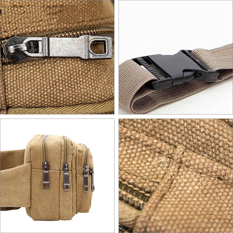 

4-Zipper Pocket Men Waist Bag Casual Durable Waist Pack Belt Canvas Multifunction Traval Bag Outdoor Wear