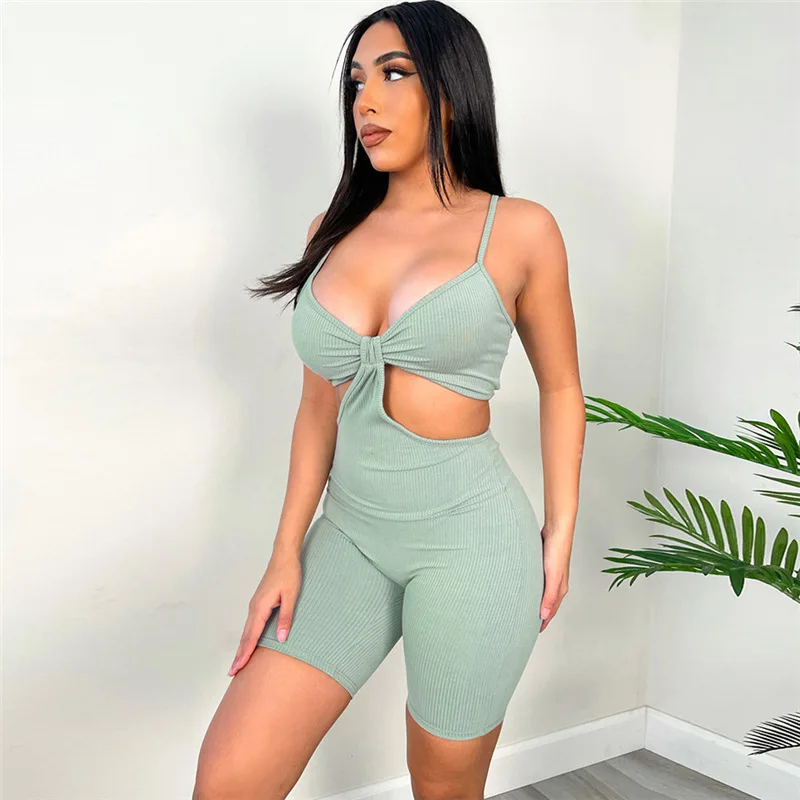 

2021 Summer Women Sleeveless Bodycon Solid Sport Fitness Sexy Spaghetti V-neck Jumpsuit Playsuit Romper Overalls For Women
