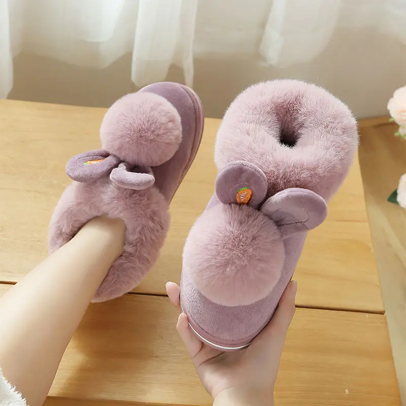 Purple 1 Сезон осень-зима; хлопковые тапочки с мехом кролика; домашняя теплая хлопковая обувь на толстой подошве; женские тапочки; милые пушистые тапочки с котом - Цвет: Purple 1