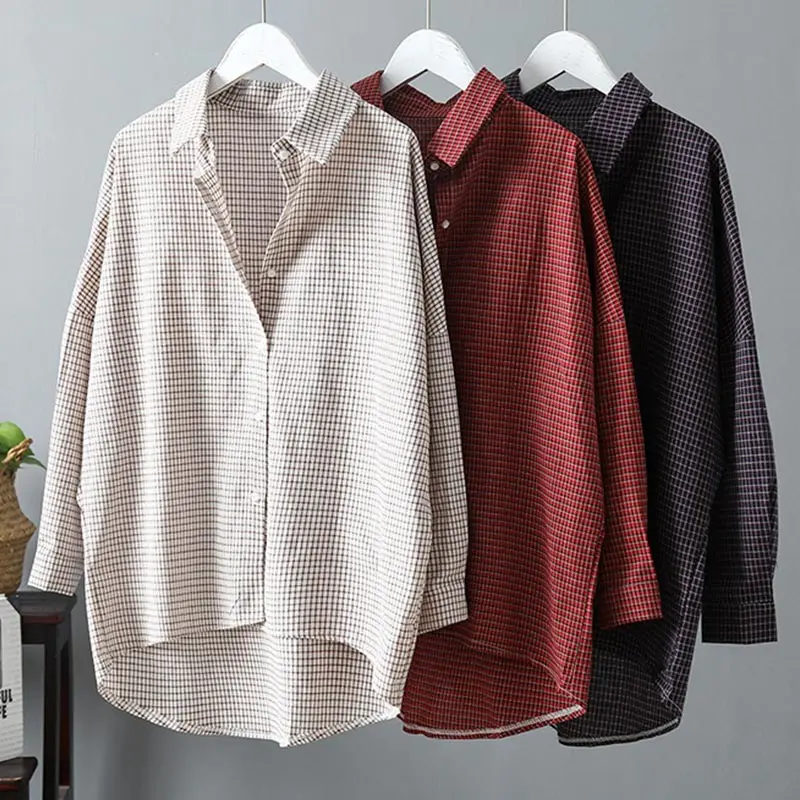 Женская клетчатая винтажная блузка топ осень 2020 Корейская женская Повседневная