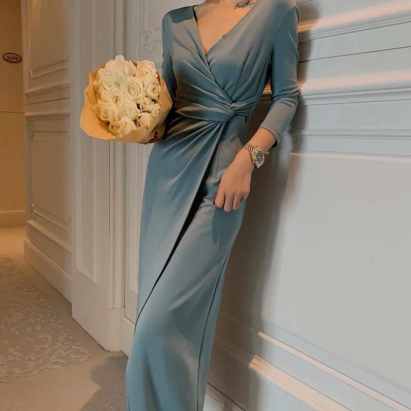 Элегантное женское платье с V образным вырезом осень 2019 соблазнительные женские