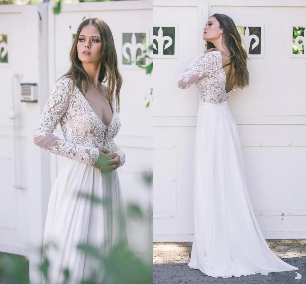 Женское шифоновое платье с длинным рукавом открытой спиной и V-образным вырезом -